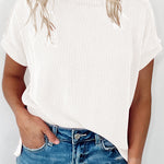 White Textured Knit Exposed Stitching T-shirt