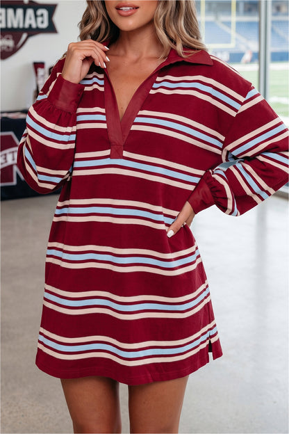 Red Stripe Retro Polo Collar Long Sleeve T Shirt Shift Mini Dress