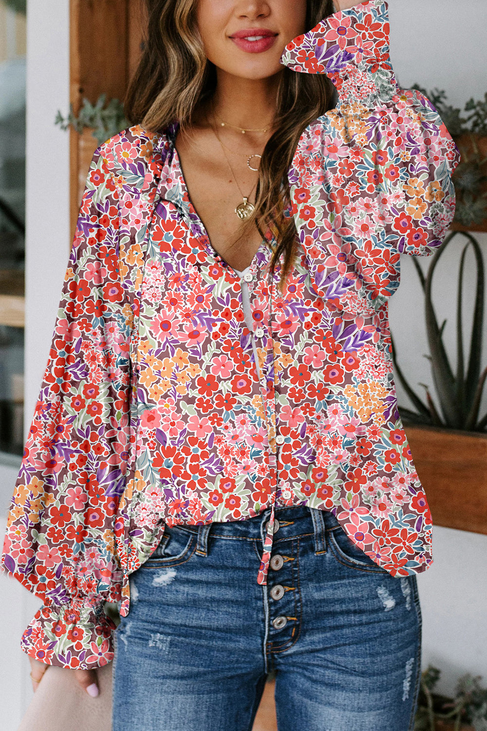 Red Cakewalk Floral Smocked Blouse