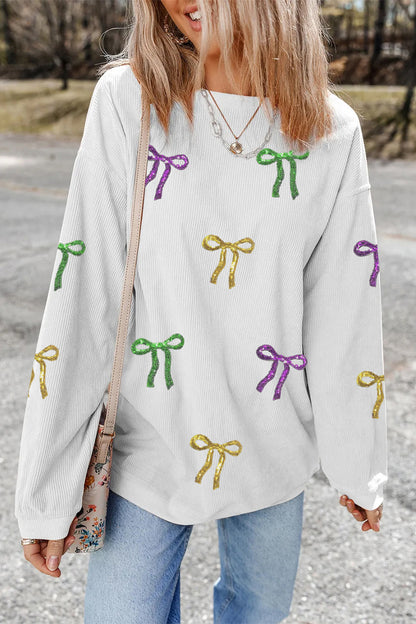 White 3D Ribbed Sequin Mardi Gras Bow Baggy Sweatshirt