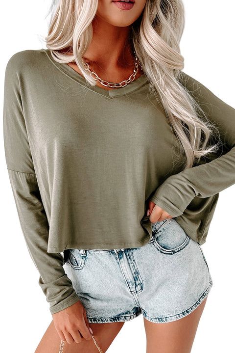 Green Loose V Neck Dropped Long Sleeve Top