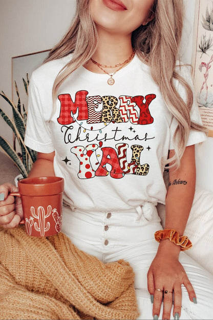 T-shirt blanc à col rond avec imprimé « MERRY Christmas YAll »