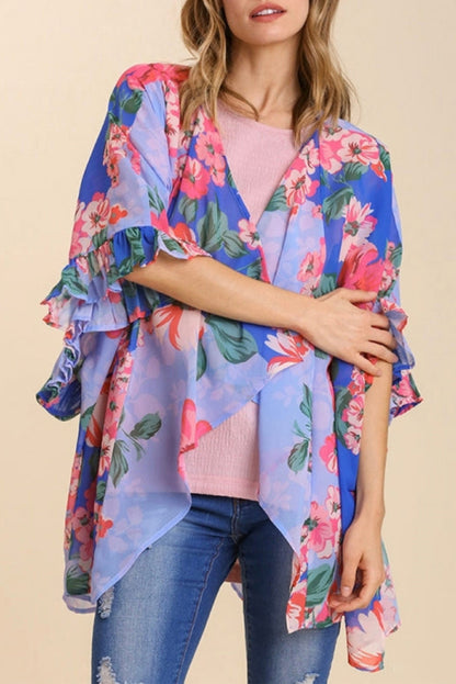 Kimono holgado con manga 3/4 y volantes con estampado floral 