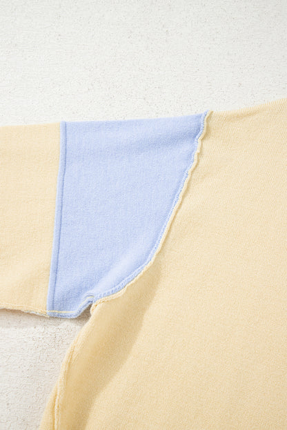 Sky Blue Stripe Contrasting Polo Collar Color Block Knit Drop Shoulder Sweater