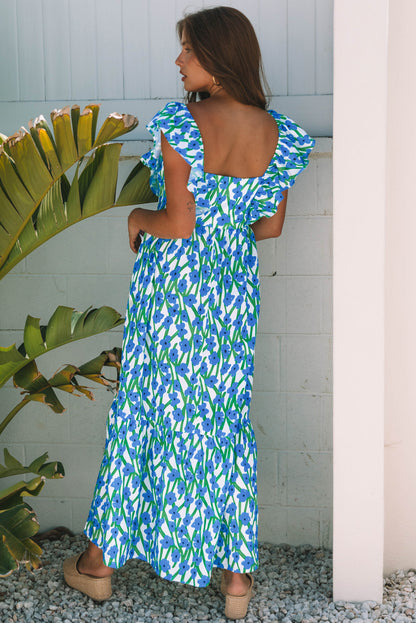 Pink Floral Print Square Neck Ruffled Strap Maxi Dress