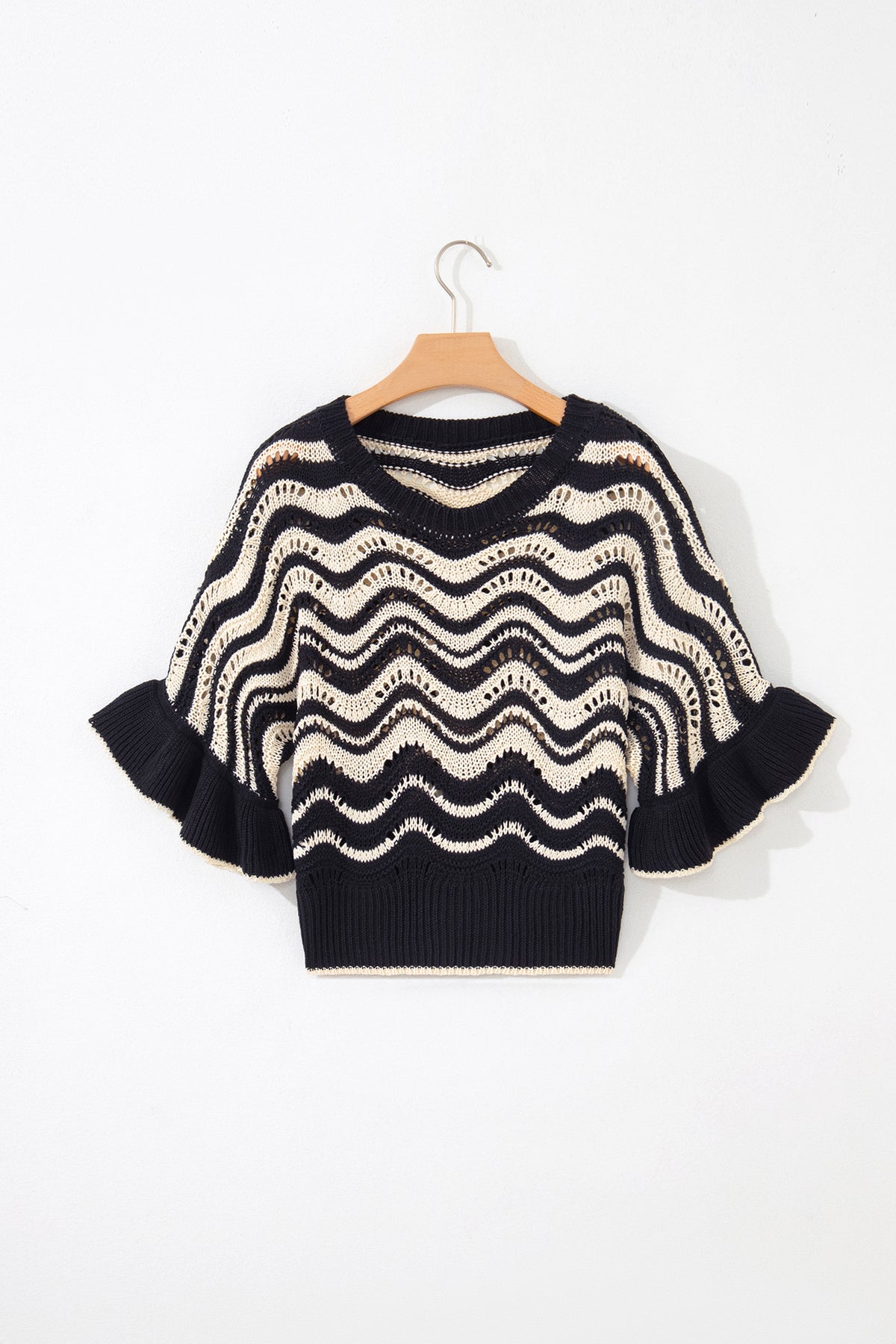 Black Stripe Wavy Crochet Eyelet Detail Ruffle Half Sleeve Sweater