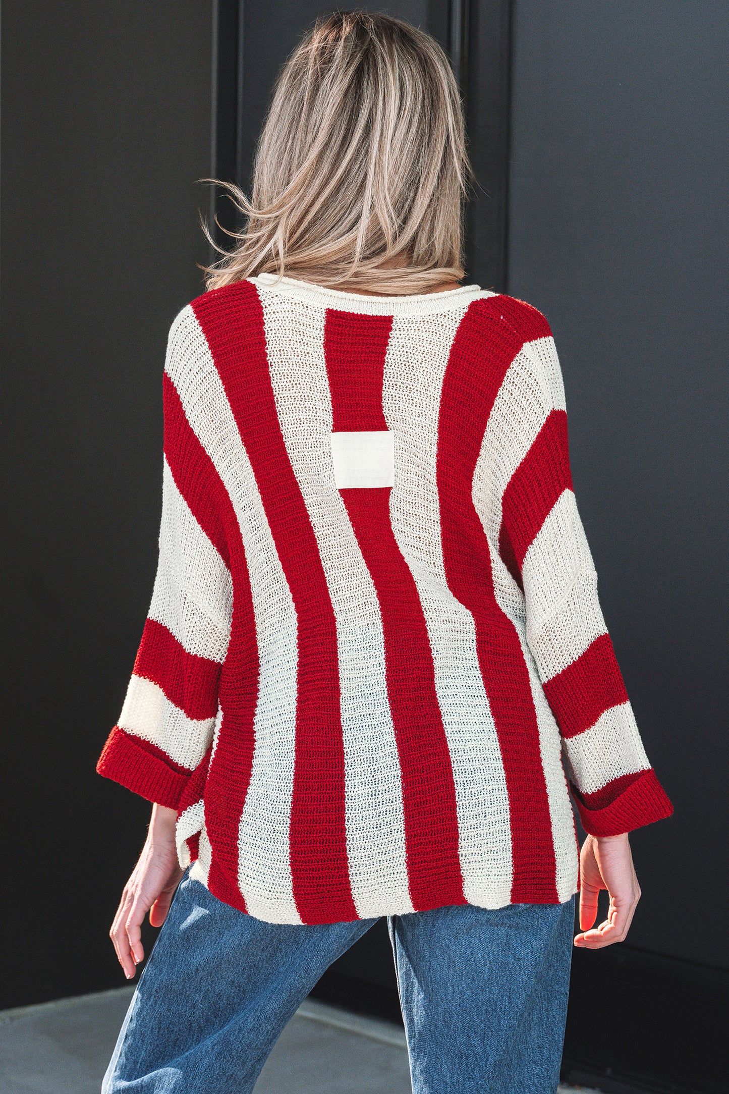 Brown Stripe Colorblock V Neck Bracelet Sleeve Sweater