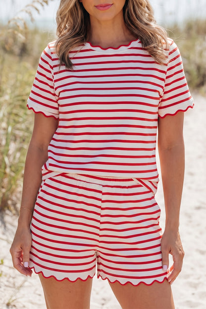 Red Stripe Scallop Trim Casual Top 2pcs Short Set