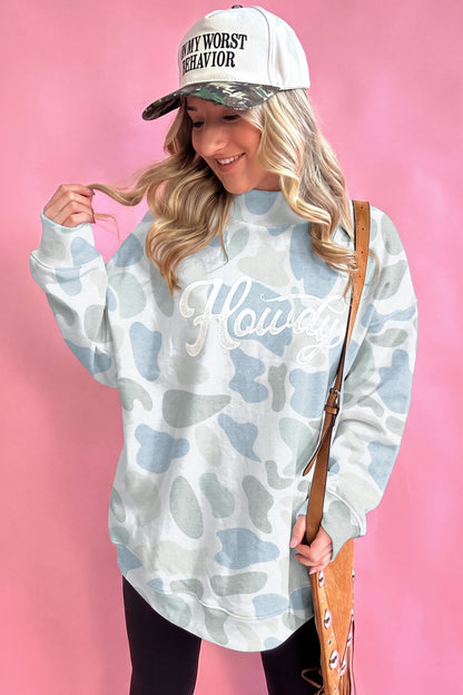 Sky Blue Camo Print Howdy Western Style Baggy Pullover Sweatshirt