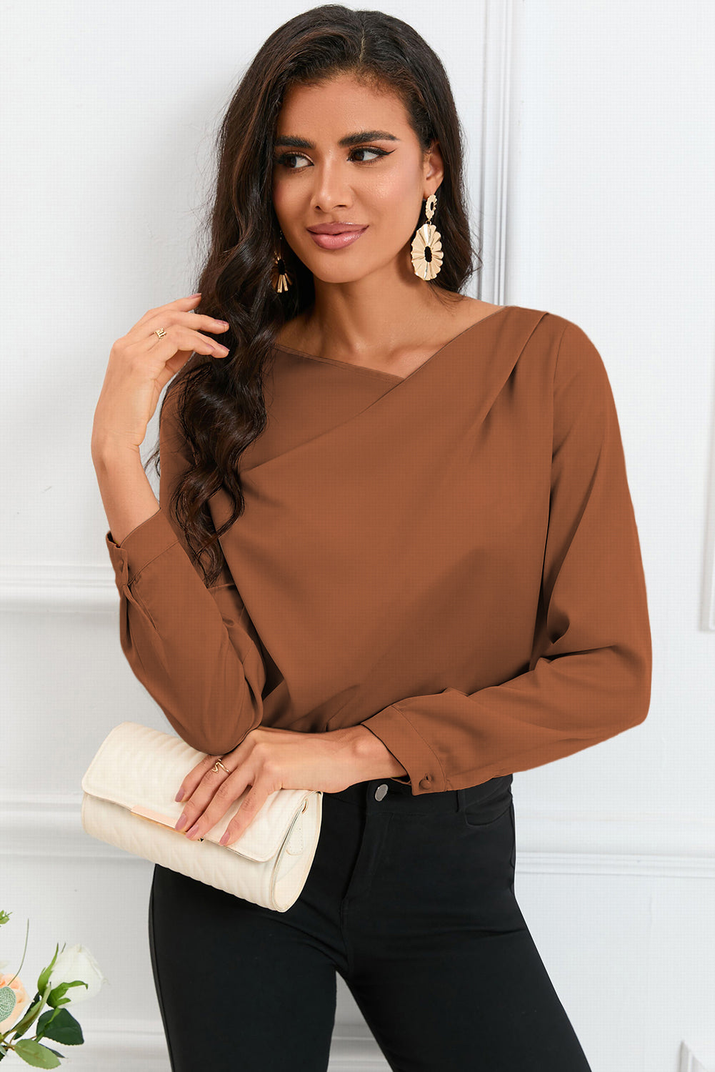 White Solid Asymmetric V Neck Long Sleeve Satin Blouse