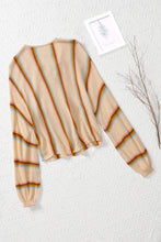 Beige Lace up V Neck Striped Knit Sweater