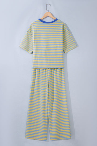 Pink Stripe Colorblock Trim Crew Neck Loose Tee Drawstring Elastic Waist 2pcs Pant Set