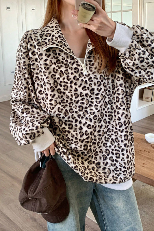Beige Leopard Print Quarter Zip Corduroy Sweatshirt