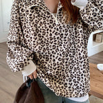 Beige Leopard Print Quarter Zip Corduroy Sweatshirt