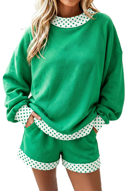 Bright Green Polka Dot Trim Baggy Pullover 2pcs Short Set
