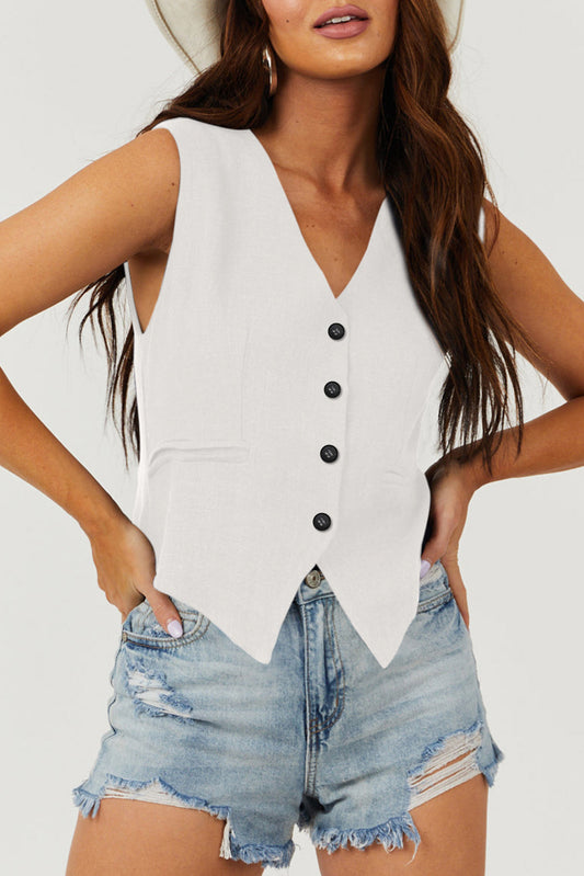 Gilet de costume blanc uni à col en V et boutons