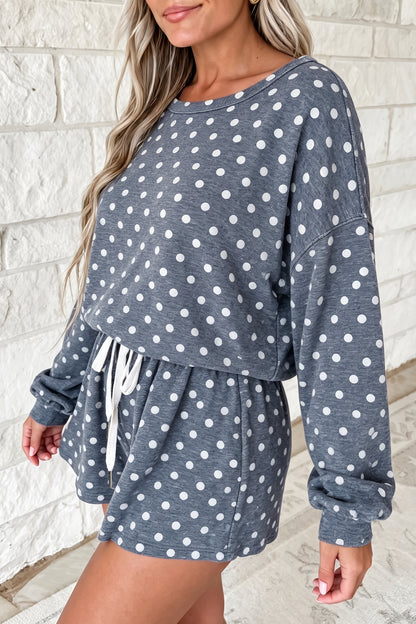 Gray Polka Dot Long Sleeve Top Drawstring Shorts Loose 2pcs Set