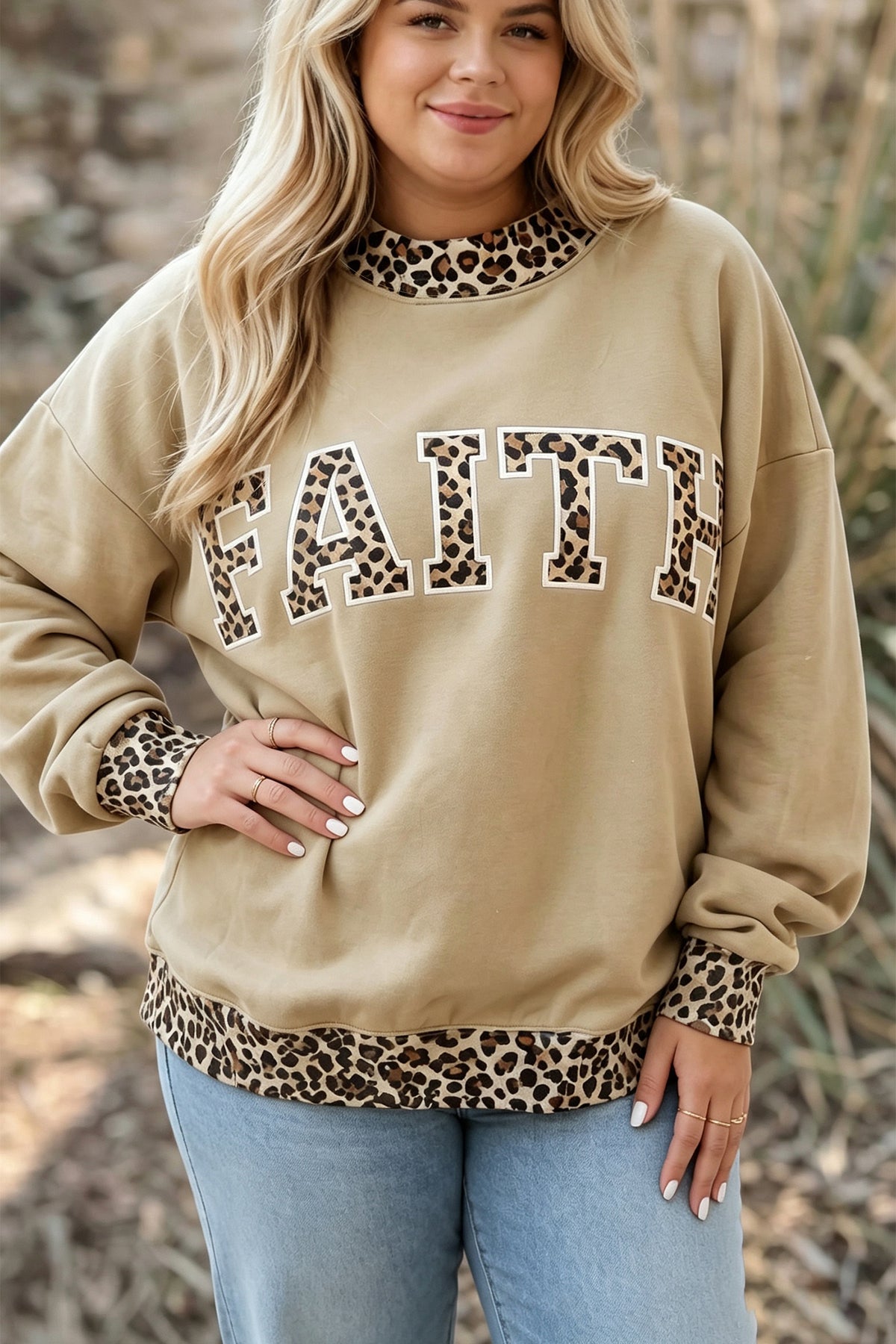 Parchment Plus Size Leopard Trim Mock Neck FAITH Graphic Sweatshirt