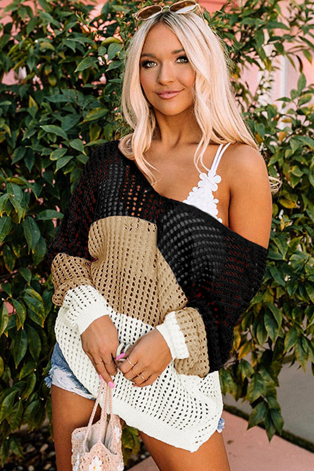 Top de punto con espalda retorcida y manga larga con ojales y bloques de color multicolor 