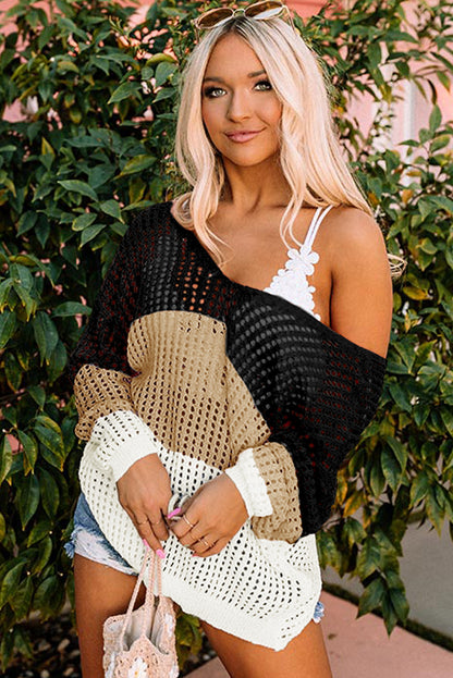 Top de punto con espalda retorcida y manga larga con ojales y bloques de color multicolor 