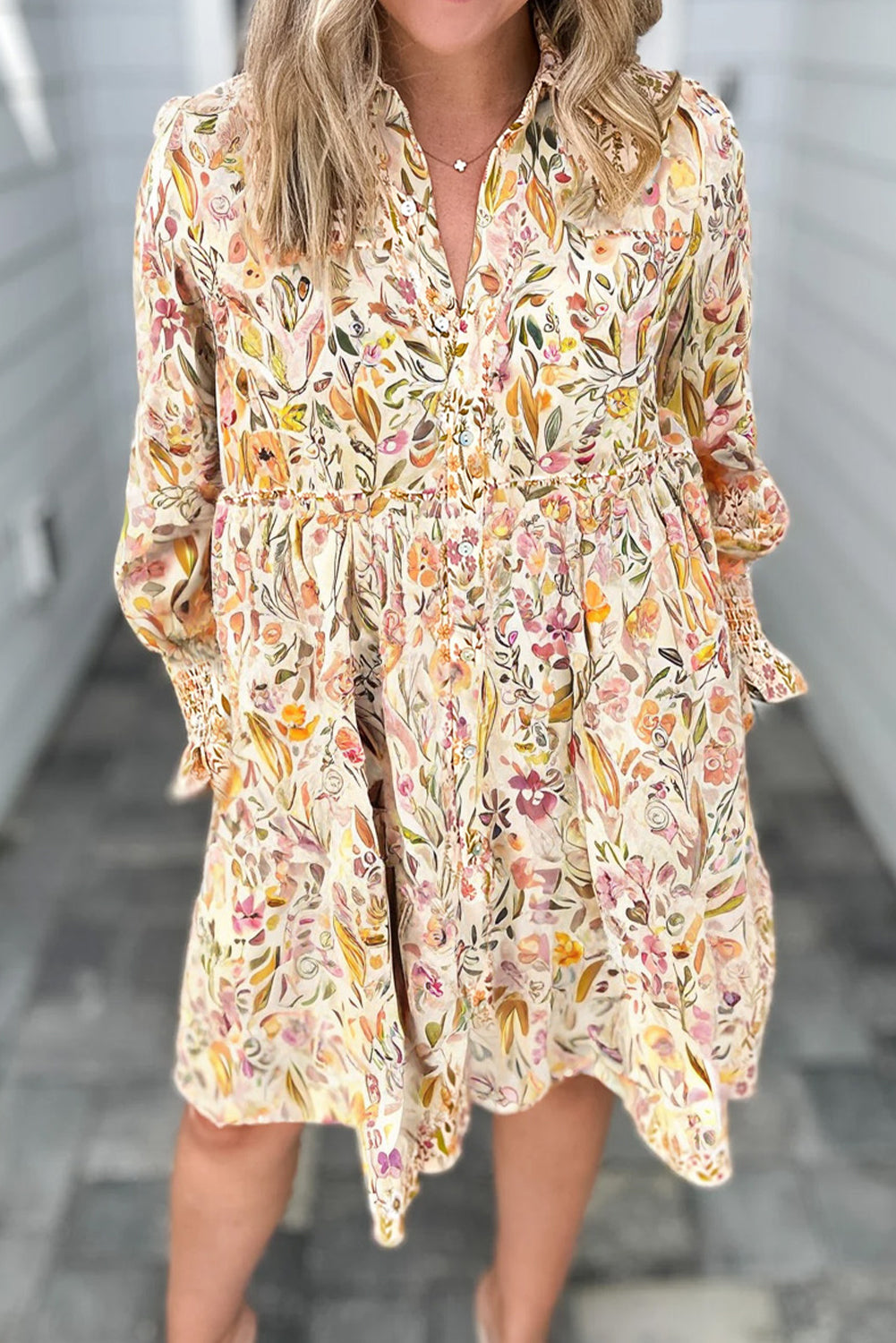 Yellow Floral Print Frilly Trim Smocked Cuff Long Sleeve Loose Shirt Dress