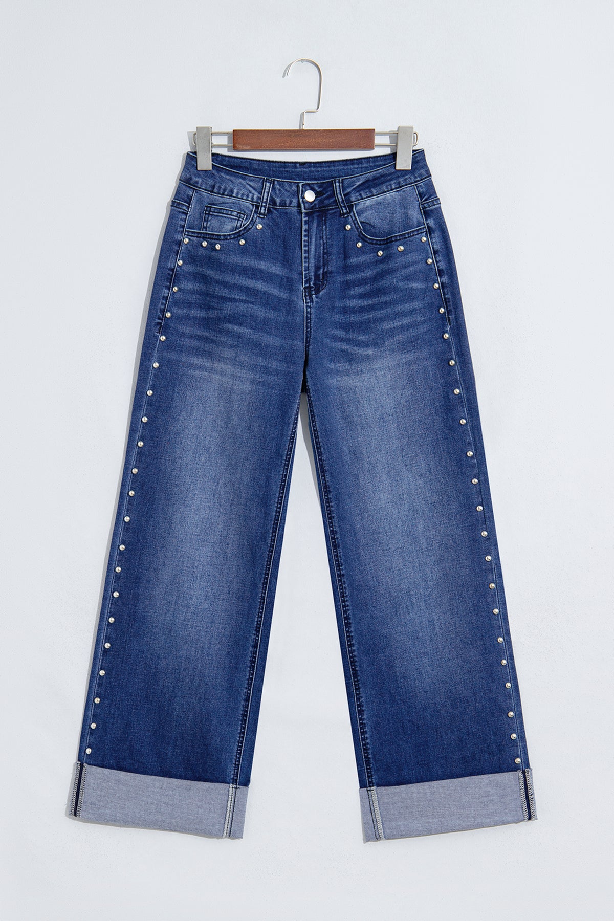 Navy Blue Studded Detail Straight Leg Casual Loose Jeans