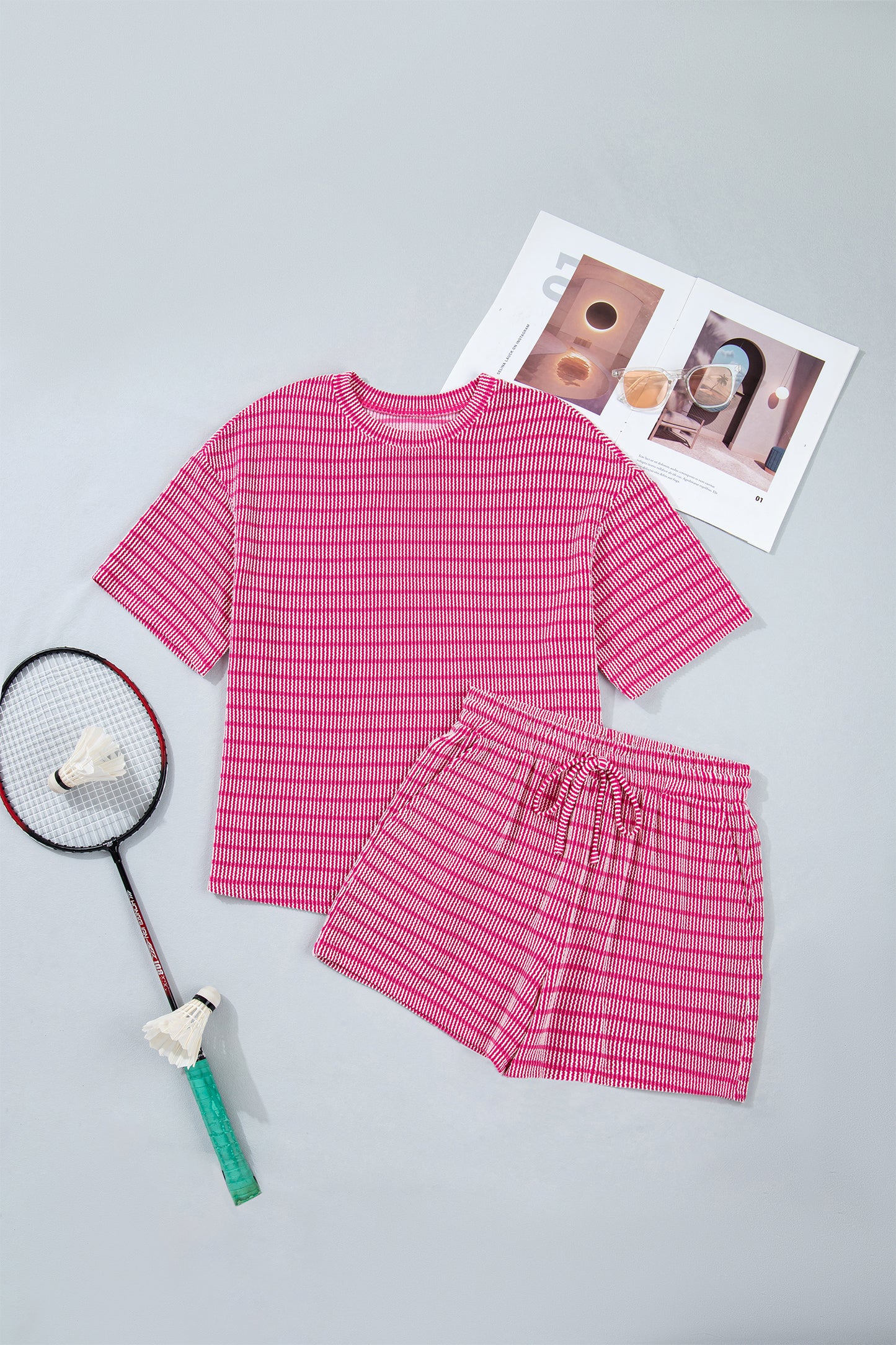 Sky Blue Stripe Raised Rib Loose Tee Drawstring Elastic Waist 2pcs Short Set