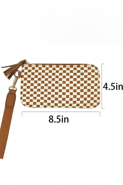 Chestnut Checkered  Woven Clutch Wristlet PU Leather Large Size Patterned Wallet
