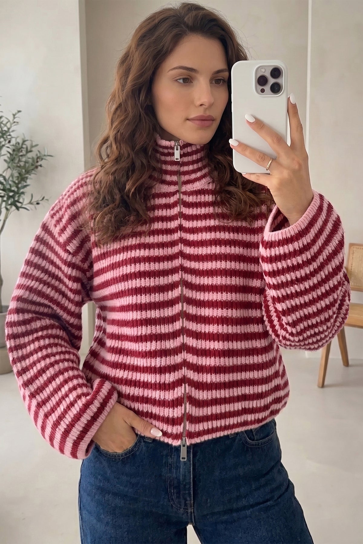 Red Stripe Striped High Neck Zip-up Sweater Long Sleeve Casual Fit Drop Shoulder Open Front Cardigan