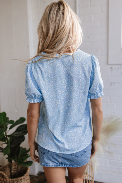 Pink Floral Embroidered Puff Sleeve Notched V Neck Blouse