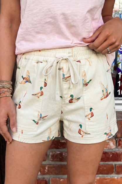 Beige Wild Duck Mallard Printed Drawstring Denim Shorts