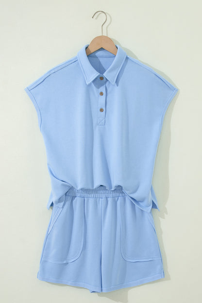 Mist Blue Loose Polo Tee Elastic Waist 2pcs Short Set