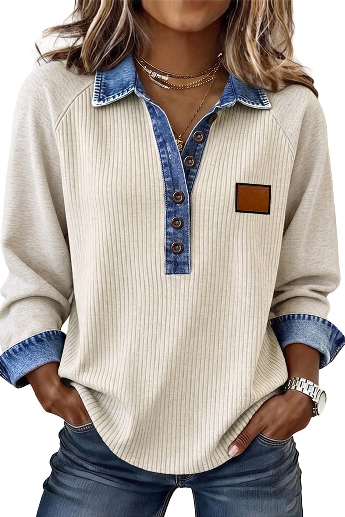 Light Grey Ribbed Denim Colorblock Detail Button Collar Long Sleeve Top