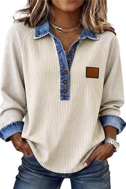 Light Grey Ribbed Denim Colorblock Detail Button Collar Long Sleeve Top