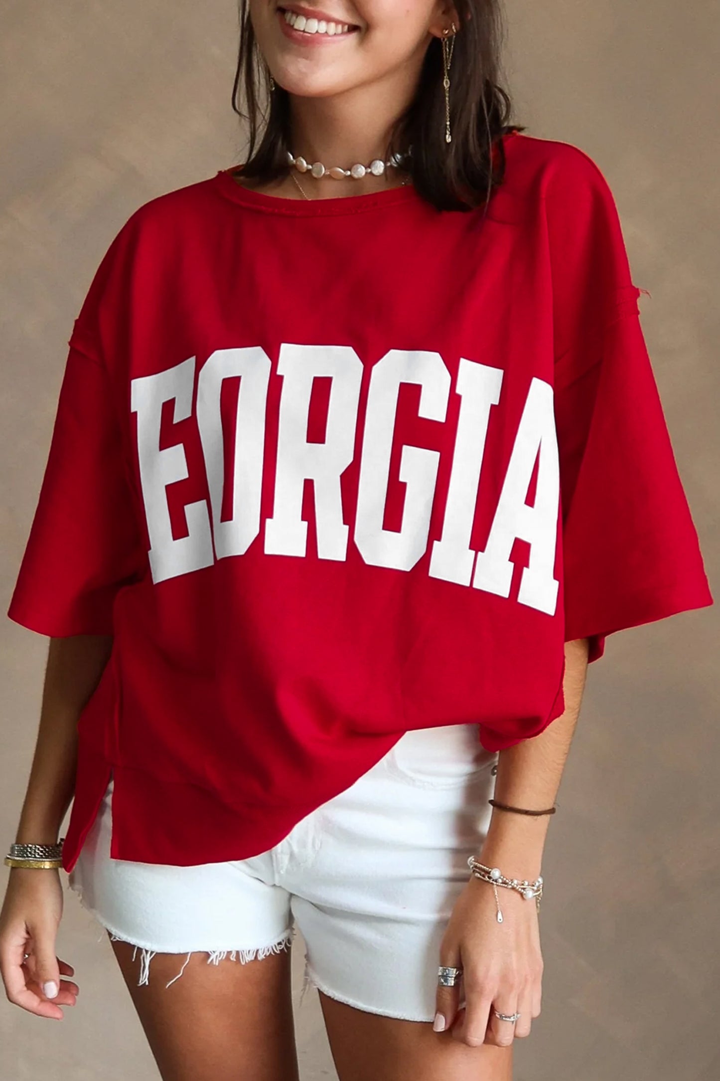 Racing Red GEORGIA Letter Printed Raw Seam Drop Shoulder Loose Tee