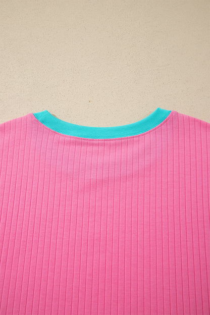 Sachet Pink Soft Ribbed Color Block Trim Casual Short Set