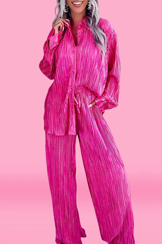 Ensemble chemise à manches longues plissée rose et pantalon large 