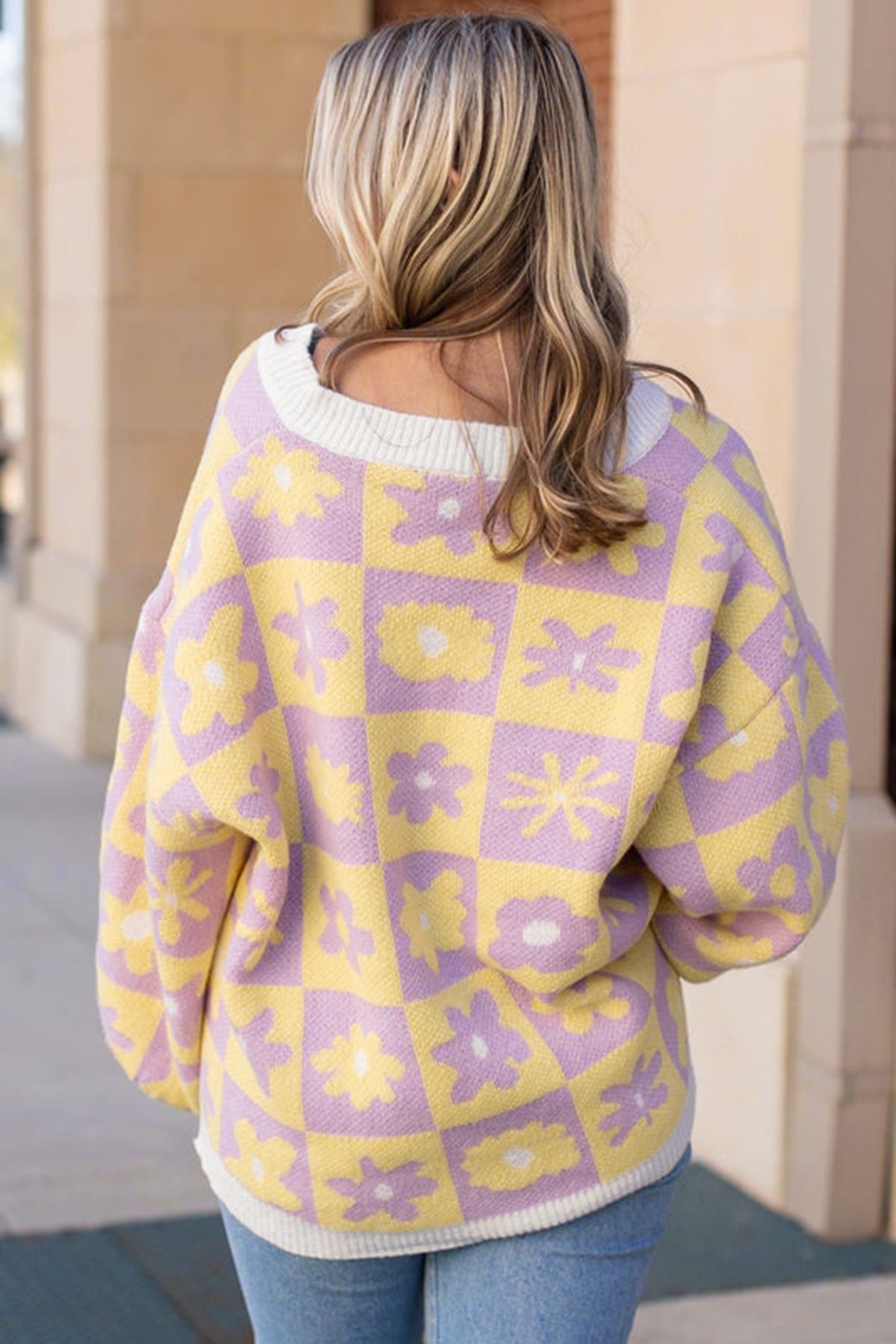 Multicolour V Neck Plaid Floral Long Sleeve Plus Size Sweater