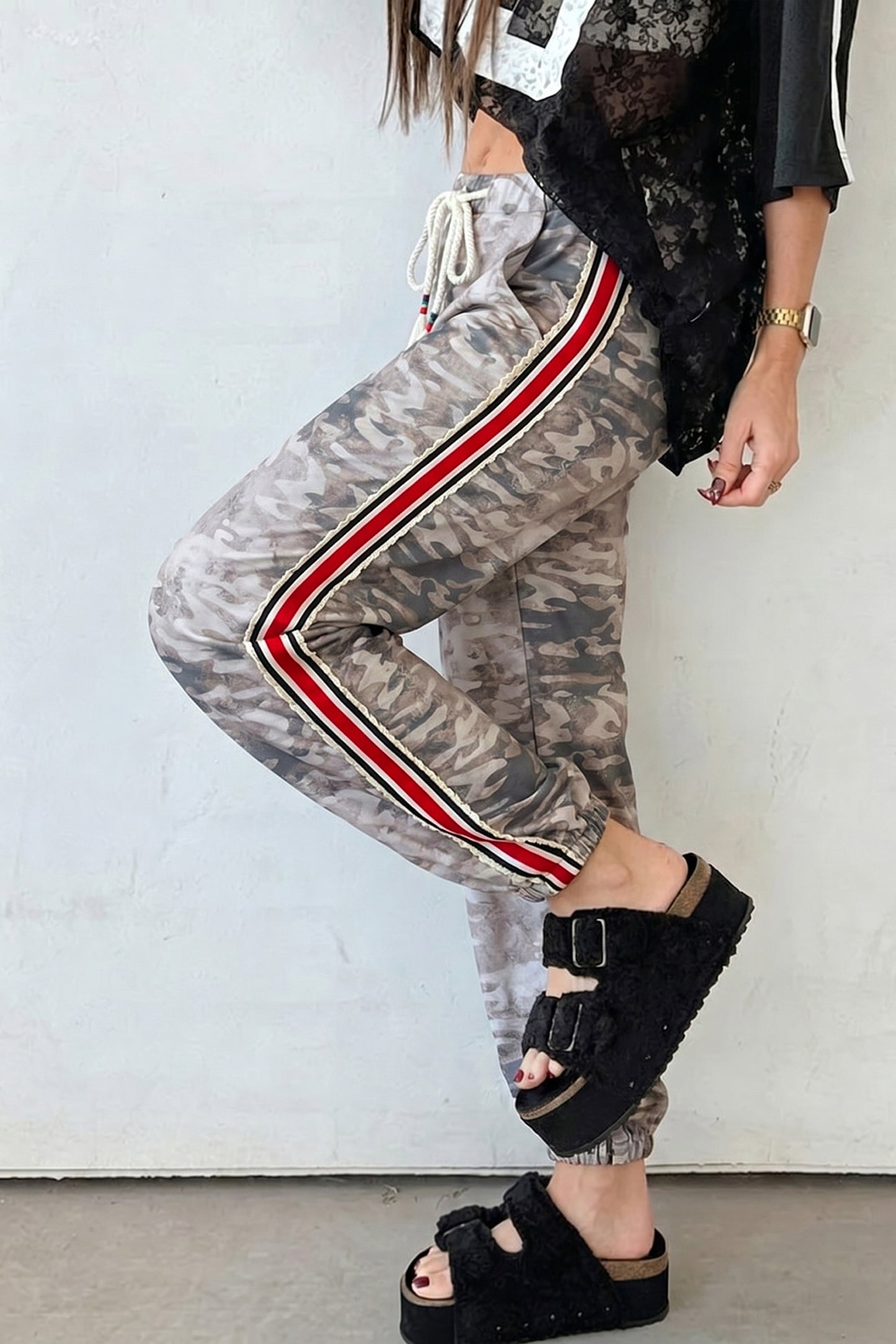 Green Camouflage Print Striped Side Panel Patchwork Drawstring Pants