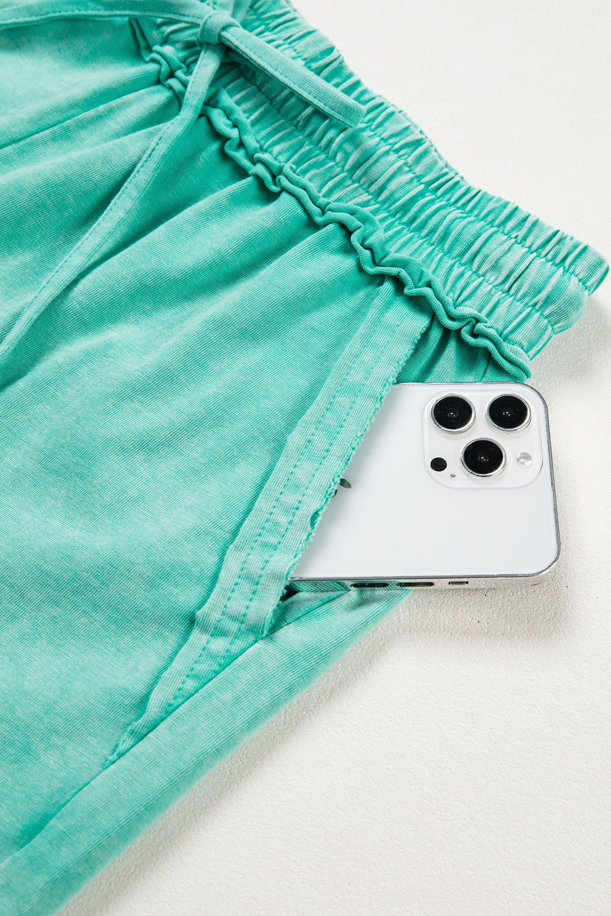Sea Green 100% Cotton Mineral Washed Drawstring Elastic Waist Raw Cut Shorts