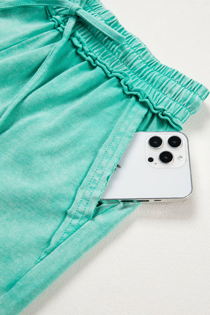 Sea Green 100% Cotton Mineral Washed Drawstring Elastic Waist Raw Cut Shorts