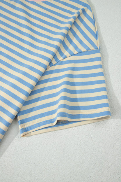 Sky Blue Stripe Plus Size Drop Shoulder Contrast Trim Round Neck Tee