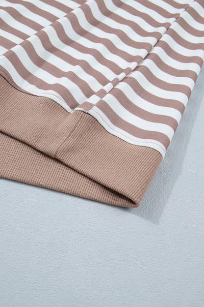 Khaki Stripe Ribbed Trim Round Neck Short Puff Sleeve Plus T Shirt