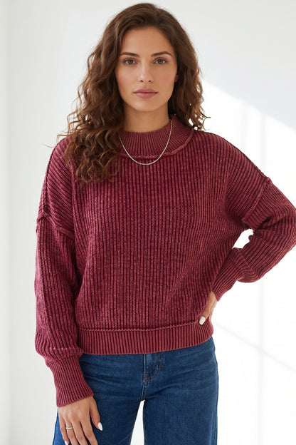 Red Dahlia Drop Shoulder High Neck Ribbed Sweater