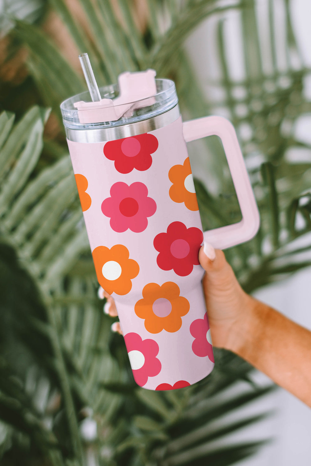 Taza de vacío de acero inoxidable con asa y estampado de flores multicolores