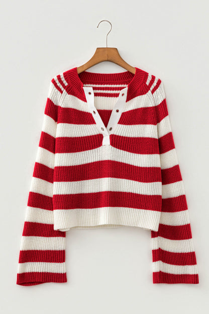Red Stripe Striped Colorblock V Neck Long Sleeve Shift Sweater