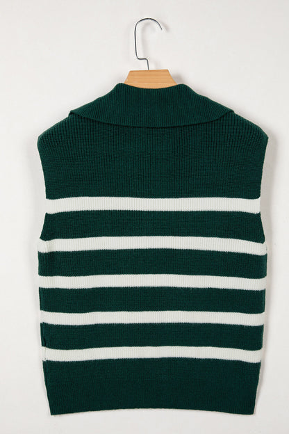 Blackish Green Ribbed Half Zip Collared Sweater Vest