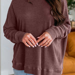 Dark Brown Waffle Knit Patchwork Long Sleeve Loose Top
