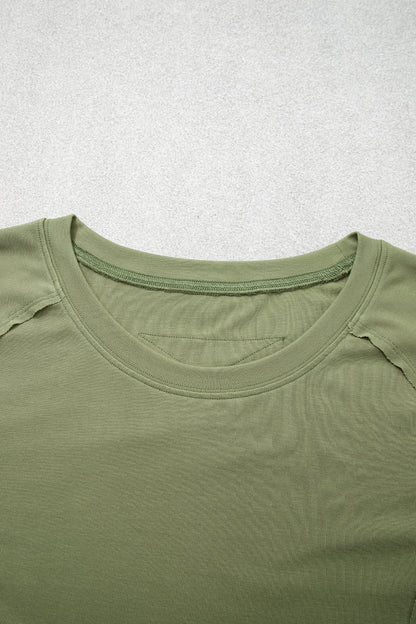 Guacamole Green Round Neck Paneling Long Sleeve Top