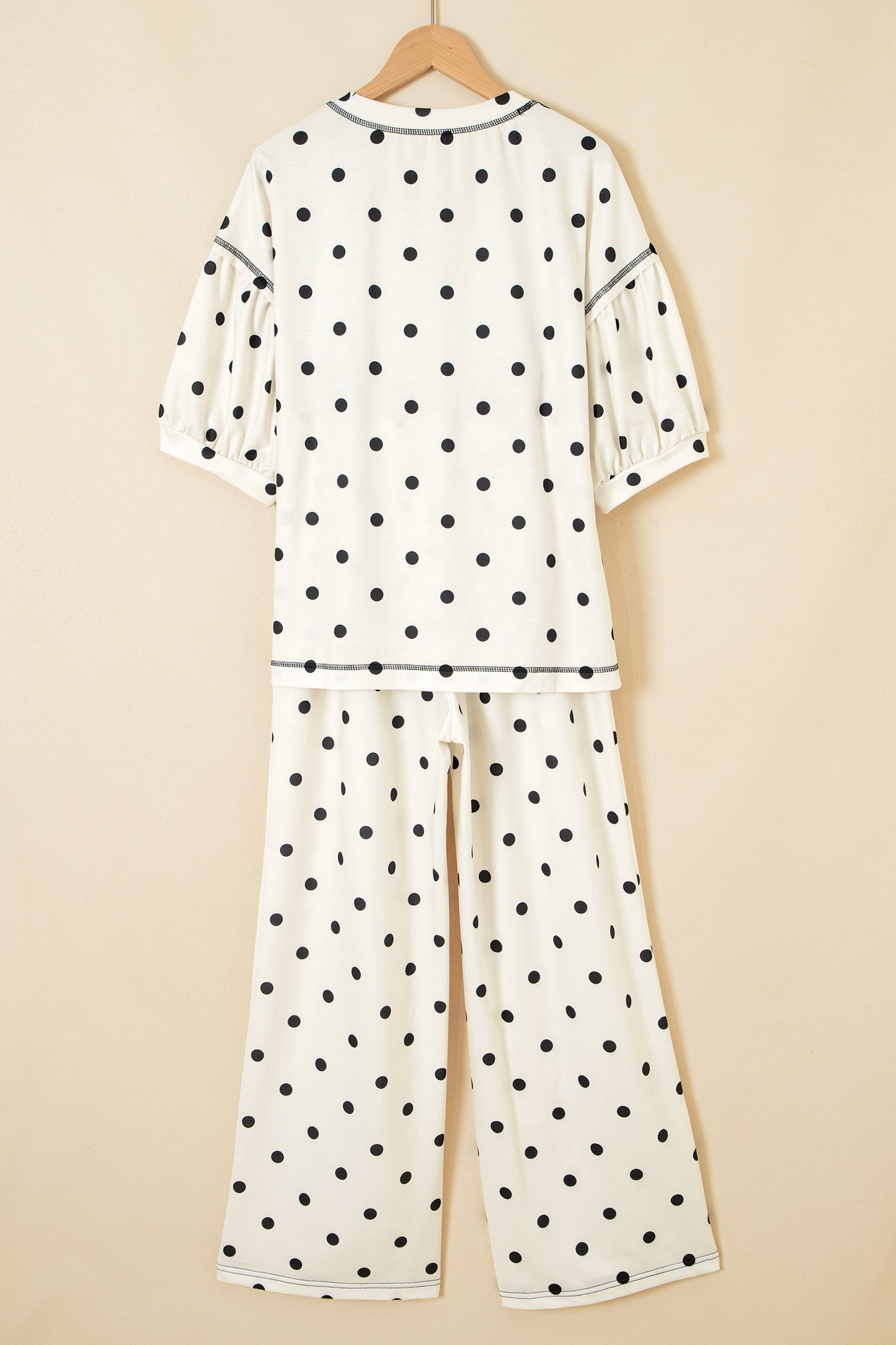 Beige Polka Dot Half Sleeve Loose Top Elastic Waist Casual Pants Set